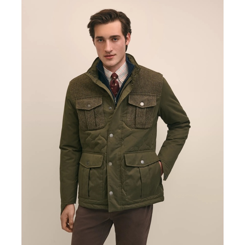 Cotton-Wool Blend Field Jacket With Tweed Accents, Packable Hood