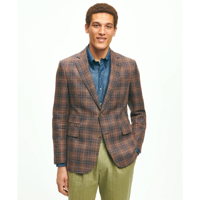 Slim Fit Plaid Hopsack Sport Coat in Linen-Wool Blend