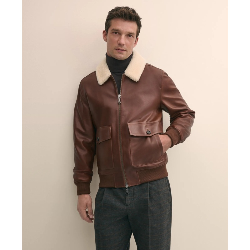 Washed Leather Bomber Jacket With Shearling Collar