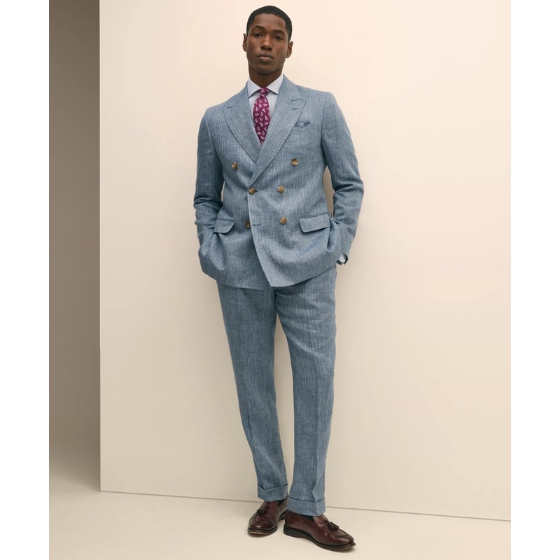 Classic Fit Herringbone Linen Single-Pleat Suit Pants
