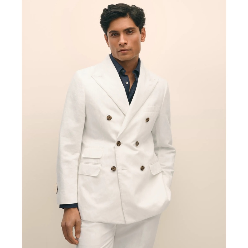 Slim Fit Cotton-Linen Herringbone Double-Breasted Suit Jacket