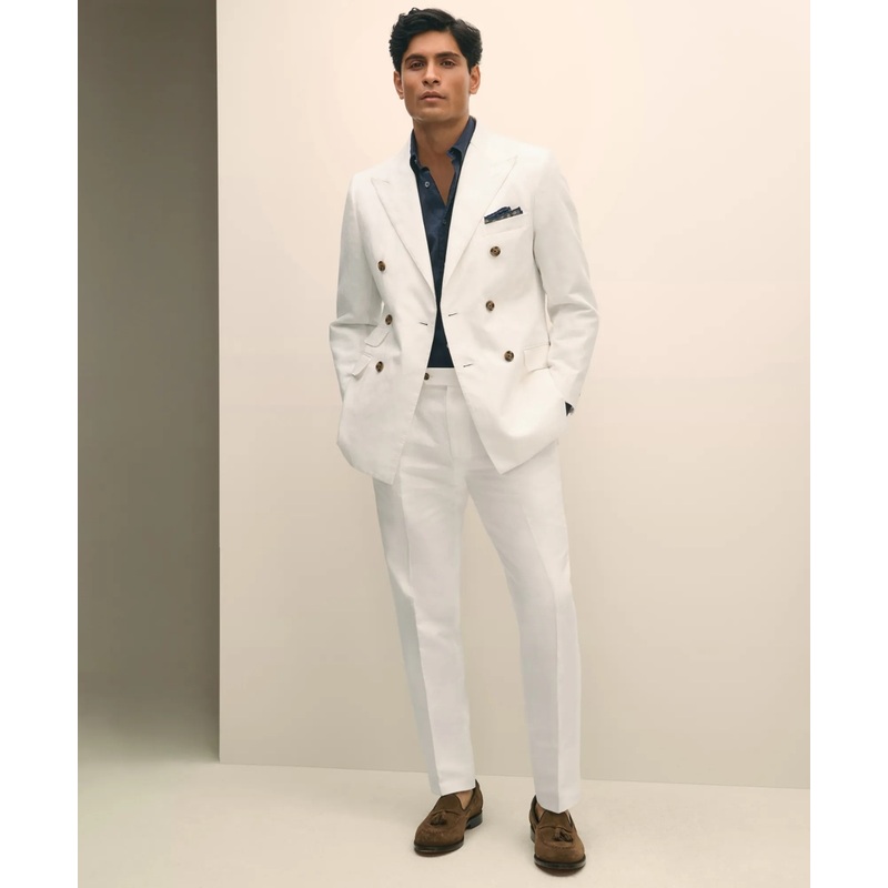 Slim Fit Cotton-Linen Herringbone Single-Pleat Suit Pants