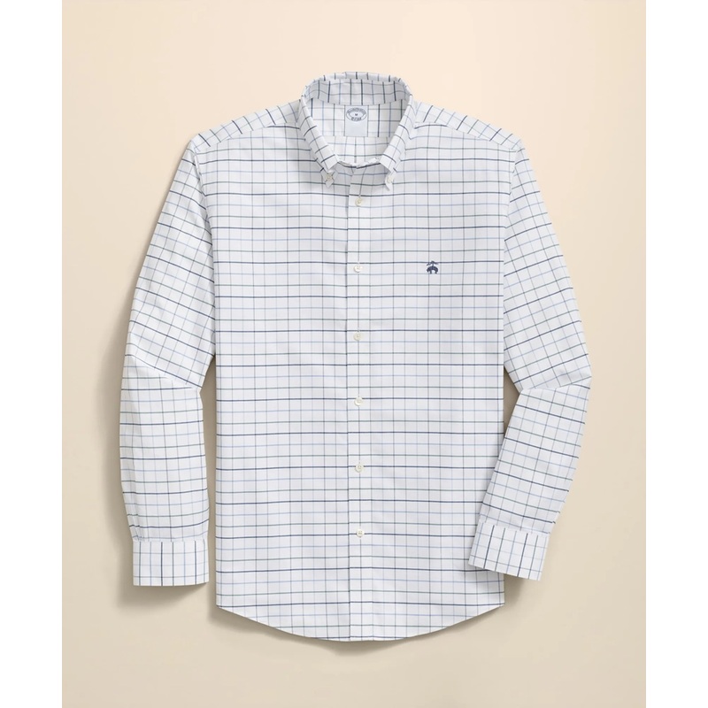 Stretch Cotton Non-Iron Oxford Polo Button Down Collar, Fine Windowpane Shirt