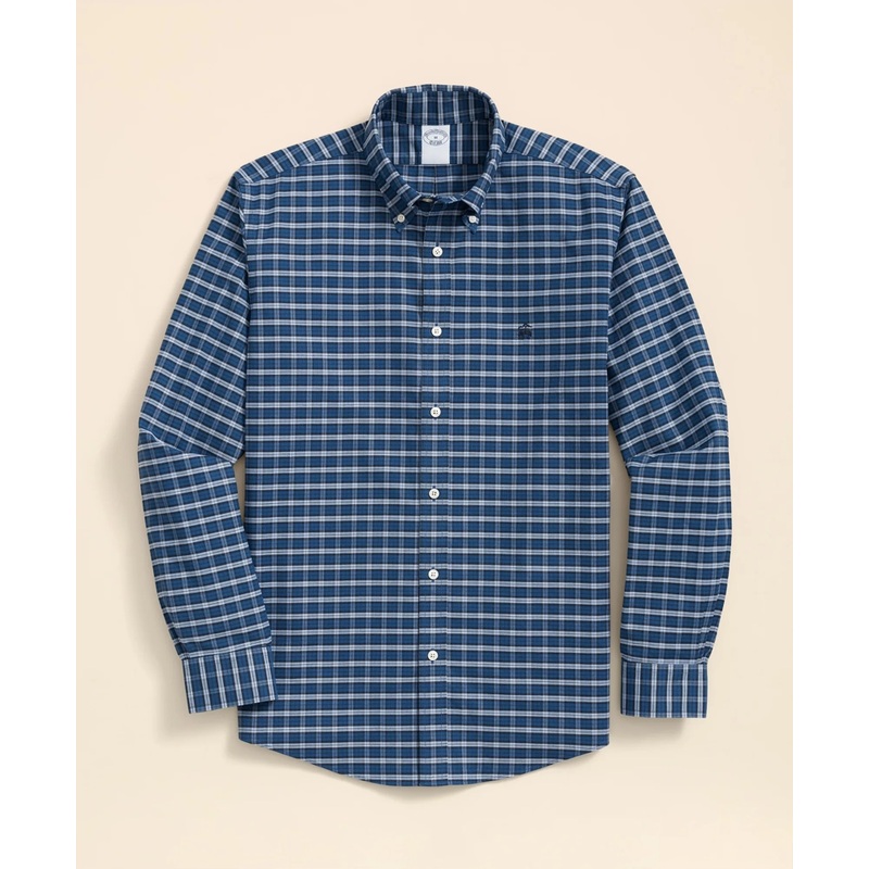 Stretch Cotton Non-Iron Oxford Polo Button Down Collar, Mini Tartan Shirt