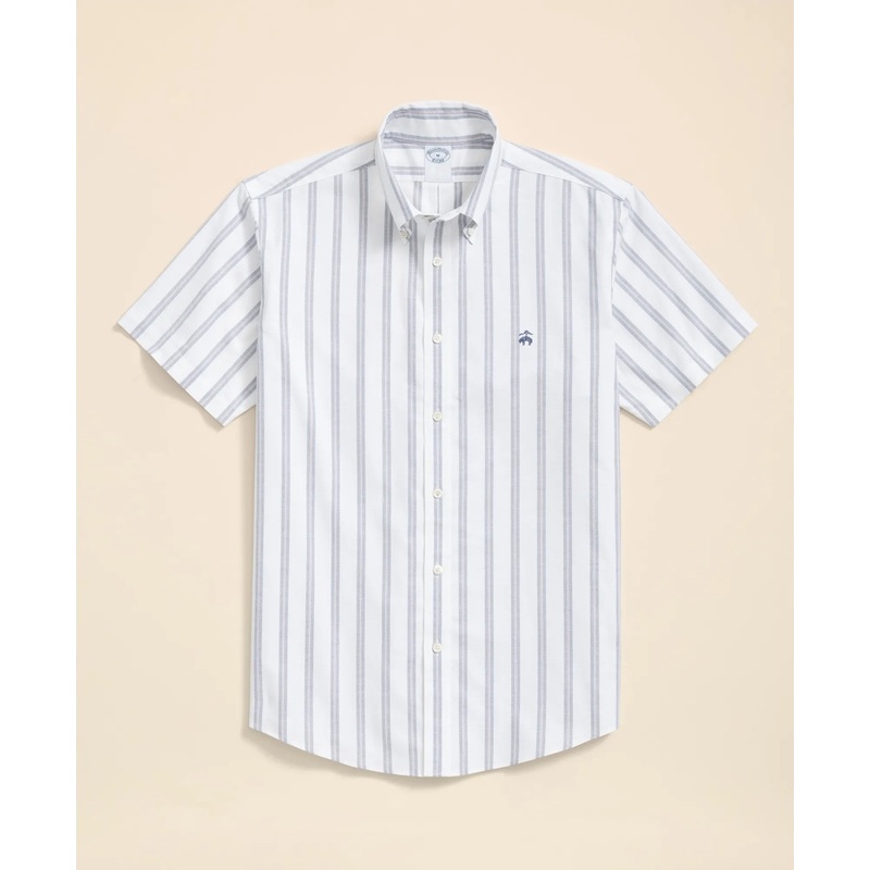 Stretch Cotton Non-Iron Oxford Polo Button Down Collar, Striped Short-Sleeve Shirt