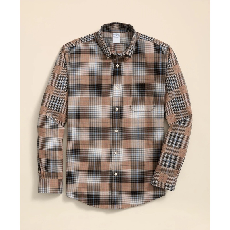 Stretch Supima Cotton Non-Iron Twill Polo Button Down, Glen Plaid Sport Shirt