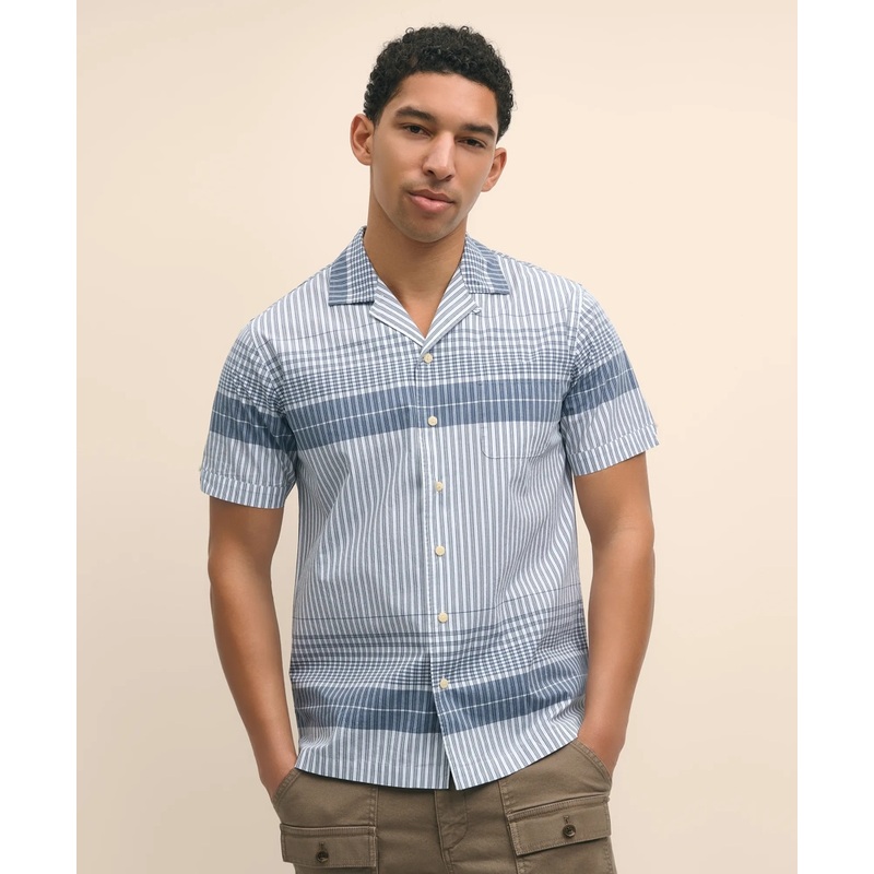 Cotton Camp Collar, Border Plaid Short-Sleeve Shirt