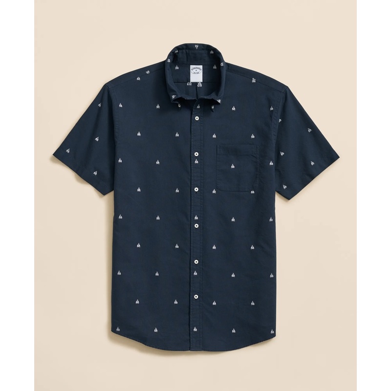 Cotton Polo Button-Down Collar, Embroidered Boat Short-Sleeve Shirt