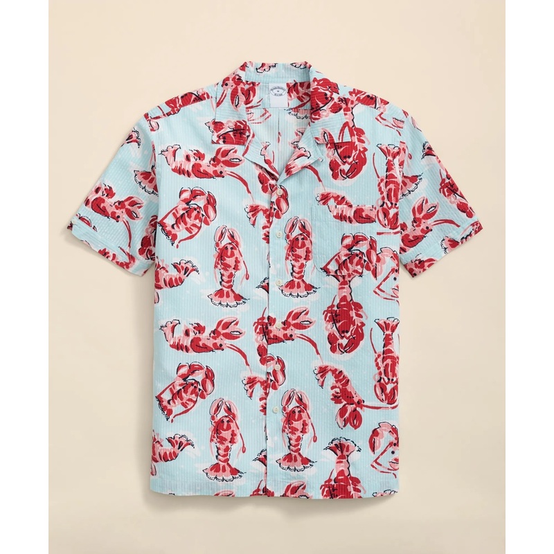 Cotton Seersucker Camp Collar, Lobster Short-Sleeve  Shirt