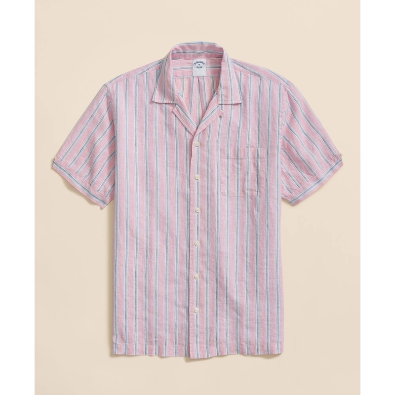 Irish Linen Camp Collar, Archive Stripe Short-Sleeve Shirt