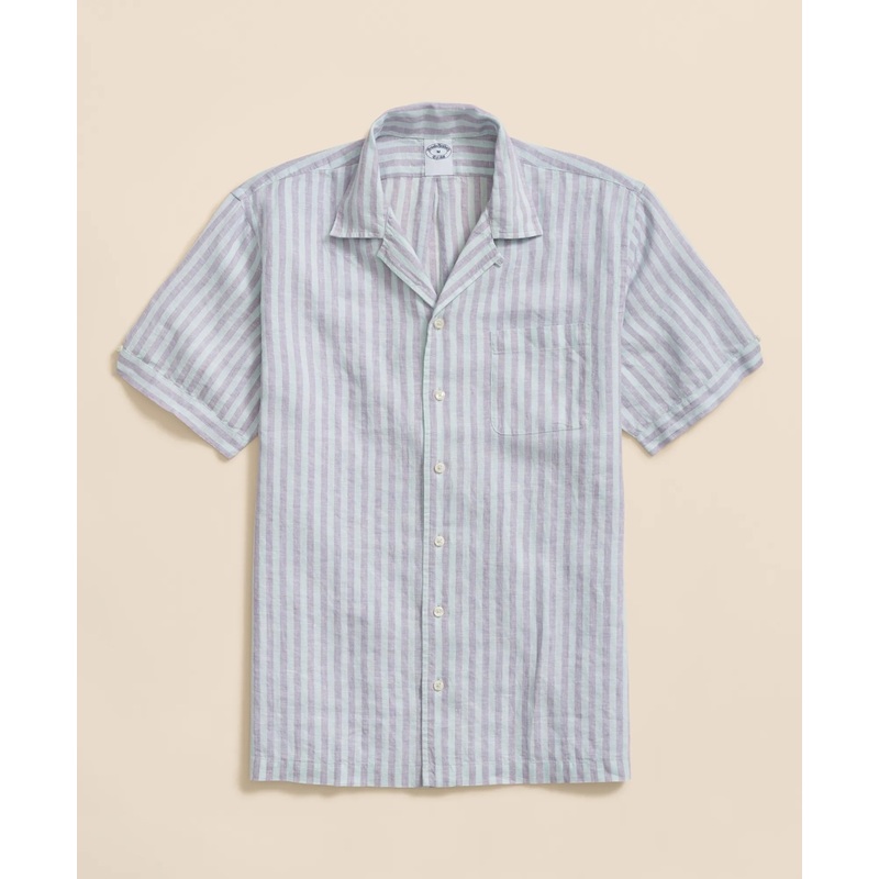 Irish Linen Camp Collar, Striped Short-Sleeve Shirt