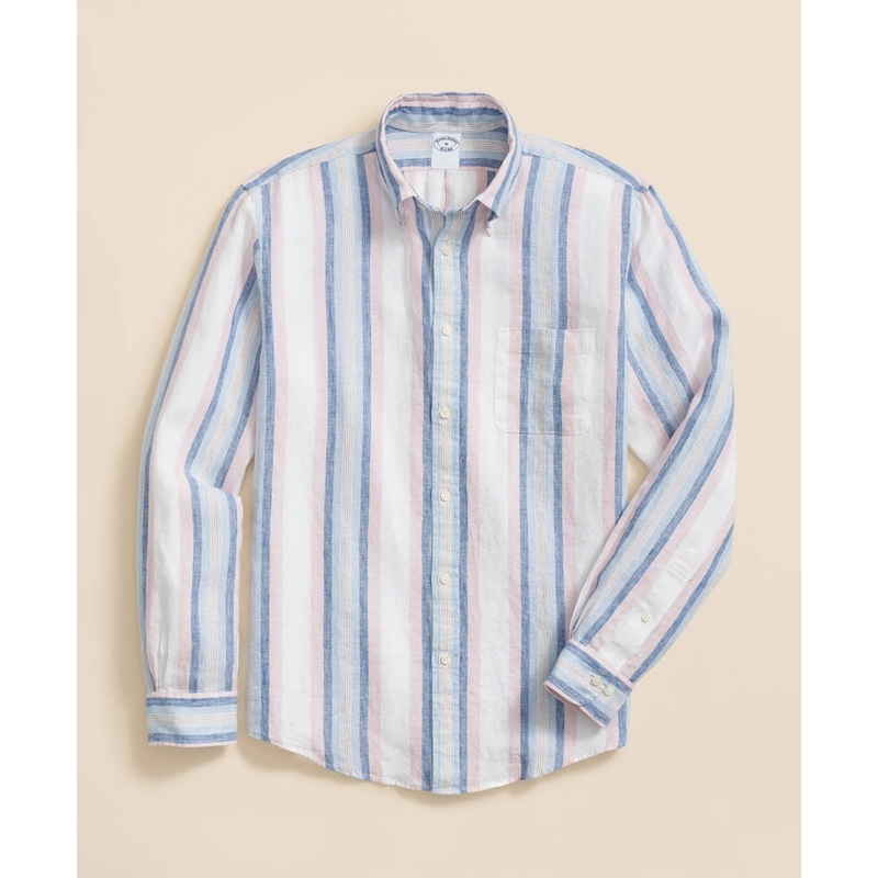 Irish Linen Polo Button Down Collar, Awning Stripe Shirt