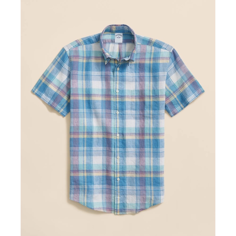 Irish Linen Polo Button Down Collar, Checked Short-Sleeve Shirt