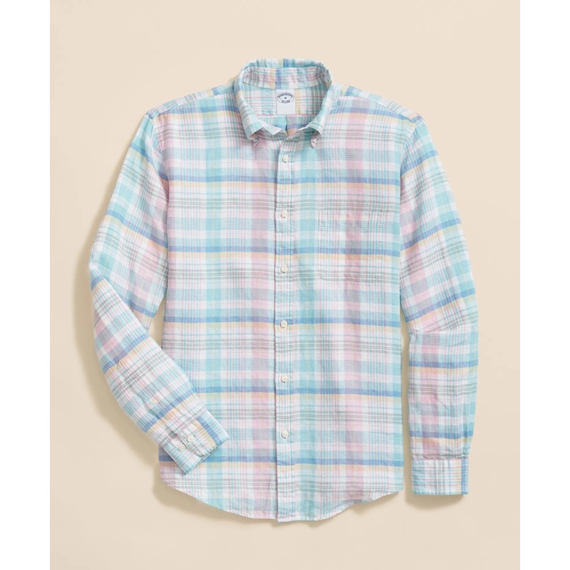 Irish Linen Polo Button Down Collar, Multi Plaid Shirt