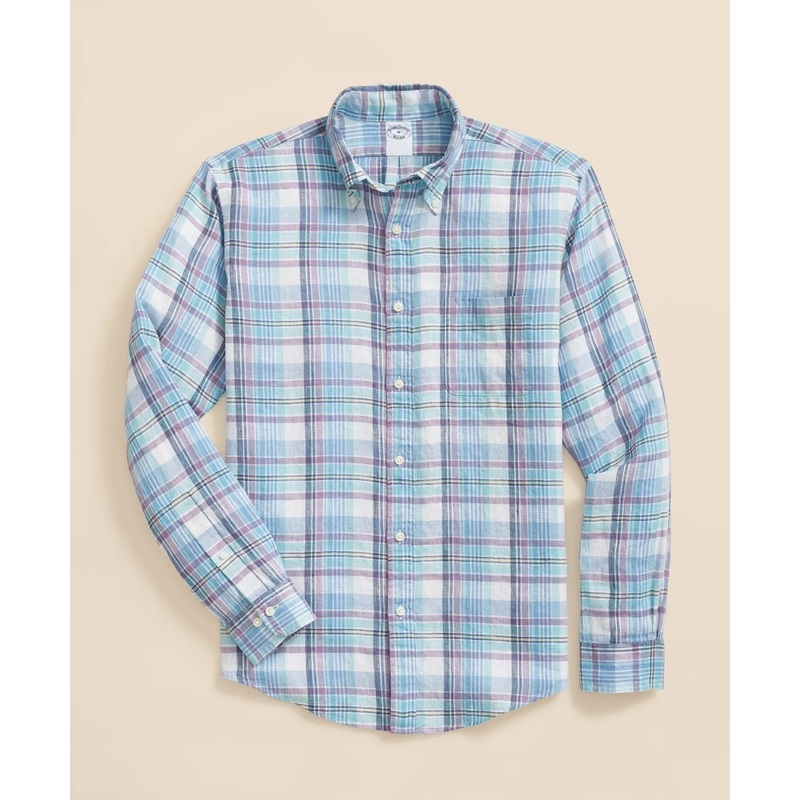 Irish Linen Polo Button Down Collar, Plaid Shirt