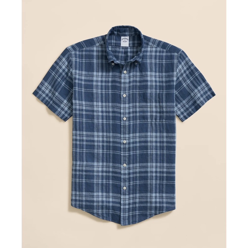 Irish Linen Polo Button Down Collar, Plaid Short-Sleeve Shirt