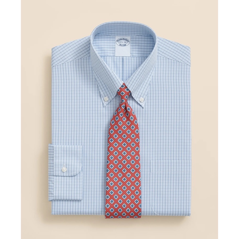 Pure Supima Cotton Regular-Finish, Polo Button-Down Collar Grid Check Dress Shirt