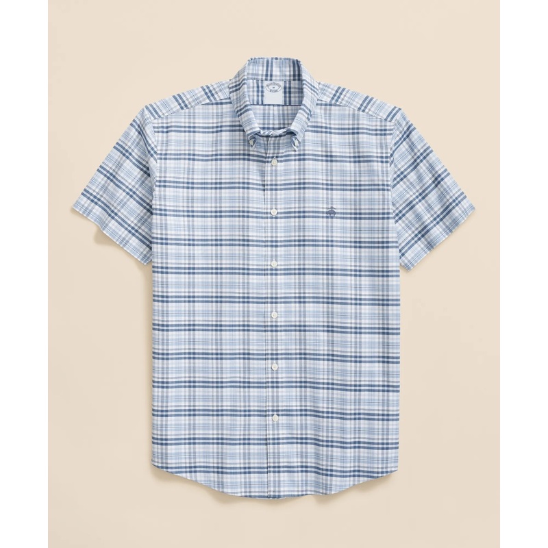 Stretch Cotton Non-Iron Oxford Button-Down Collar, Checked Short-Sleeve Shirt