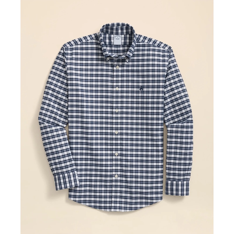 Stretch Cotton Non-Iron Oxford Polo Button Down Collar Checked Shirt