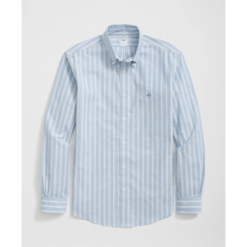 Stretch Cotton Non-Iron Oxford Polo Button Down Collar, Double Stripe Shirt