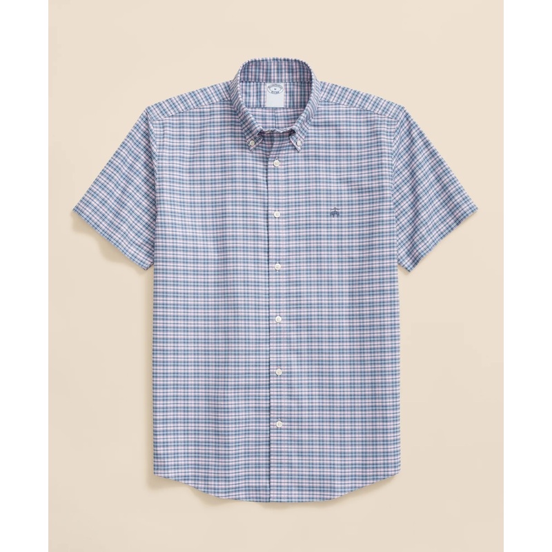 Stretch Cotton Non-Iron Oxford Polo Button-Down Collar, Plaid Short-Sleeve Shirt