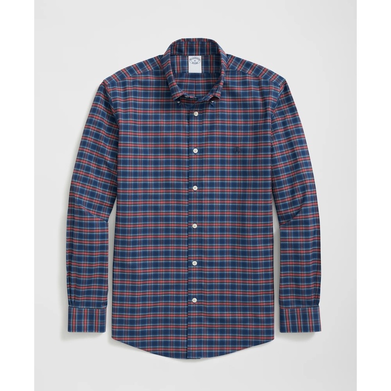 Stretch Cotton Non-Iron Oxford Polo Button Down Collar, Tartan Shirt