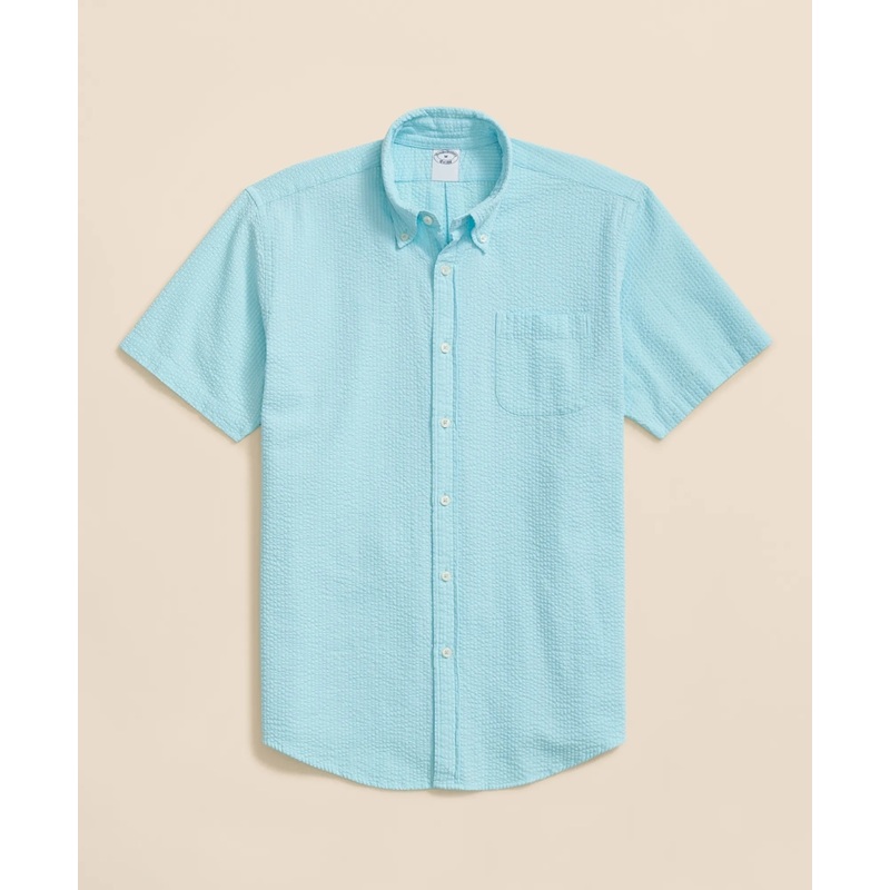 Stretch Cotton Seersucker Button-Down Collar Short-Sleeve Sport Shirt
