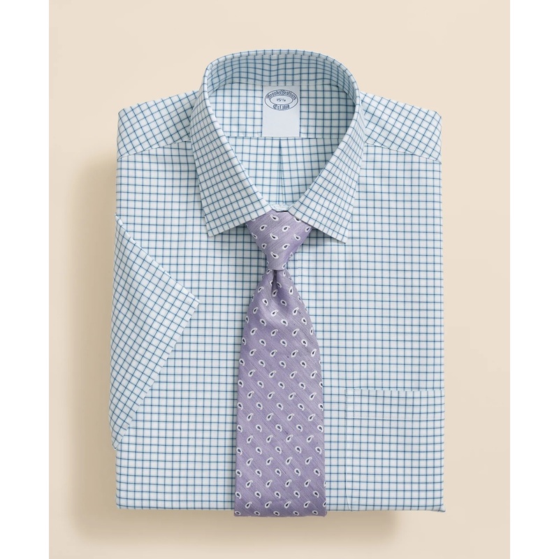 Stretch Supima Cotton Non-Iron Broadcloth Ainsley Collar, Windowpane Short-Sleeve Dress Shirt