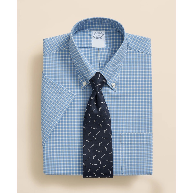 Stretch Supima Cotton Non-Iron Broadcloth Polo Button-Down Collar, Checked Short-Sleeve Dress Shirt