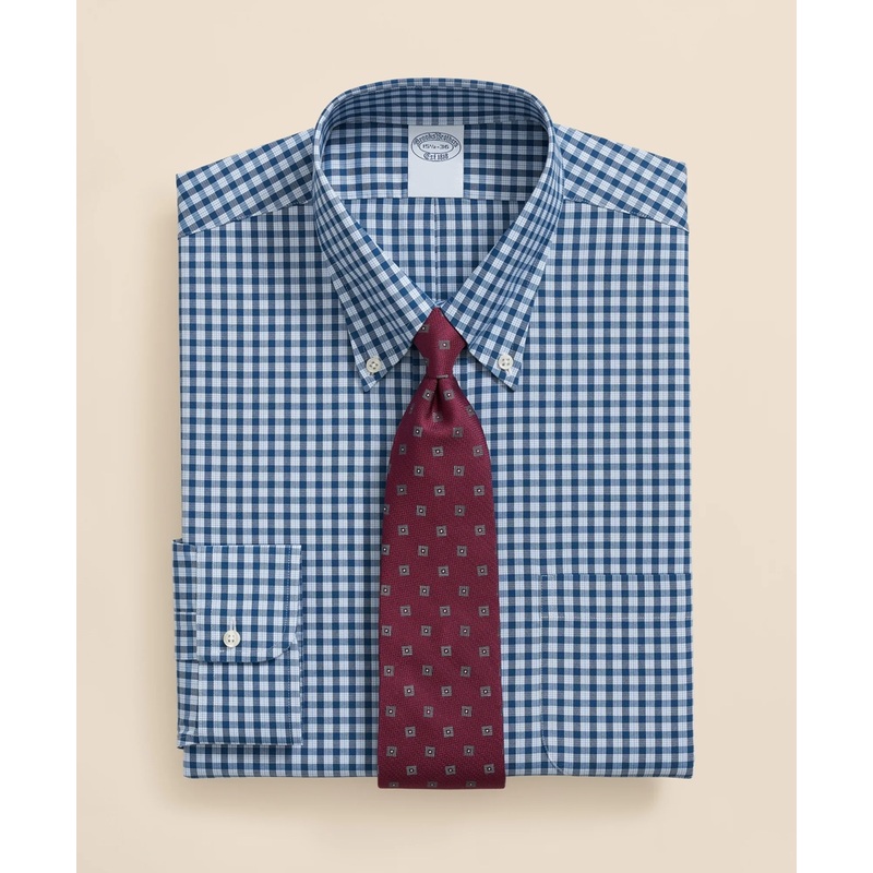 Stretch Supima Cotton Non-Iron Pinpoint Oxford Polo Button Down Collar, Check Dress Shirt