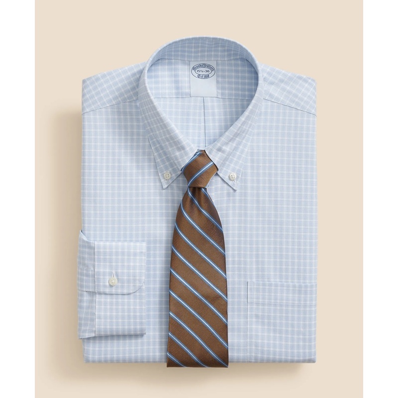 Stretch Supima Cotton Non-Iron Pinpoint Oxford Polo Button Down Collar, Outline Check Dress Shirt