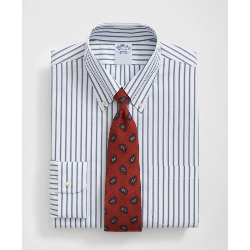 Stretch Supima Cotton Non-Iron Pinpoint Oxford Polo Button Down Collar, Ticking Stripe Dress Shirt