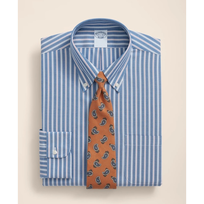 Stretch Supima Cotton Non-Iron Pinpoint Oxford Polo Button Down Collar, Track Stripe Dress Shirt