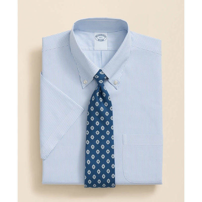 Stretch Supima Cotton Non-Iron Polo Button Down Collar, Mini Stripe Short-Sleeve Dress Shirt