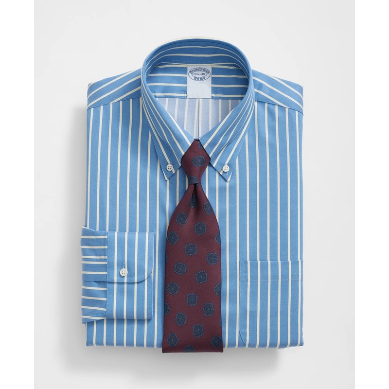 Stretch Supima Cotton Non-Iron Twill Polo Button Down Collar, Ground Stripe Dress Shirt