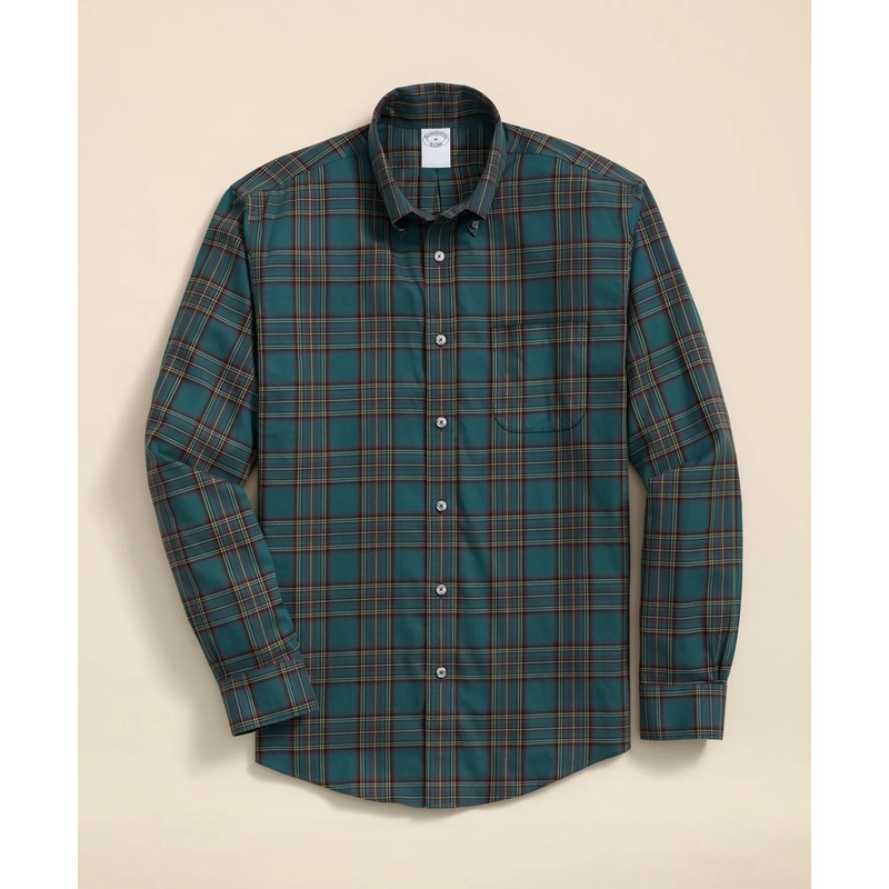 Stretch Supima Cotton Non-Iron Twill Polo Button Down, Plaid Sport Shirt