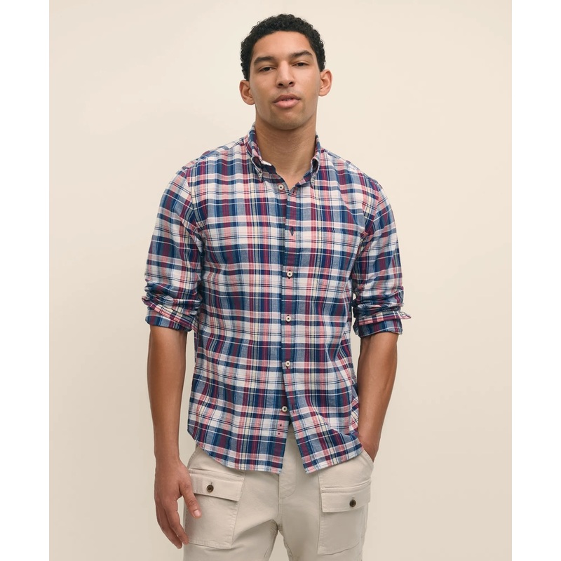 Washed Cotton Madras Polo Button-Down Collar Shirt