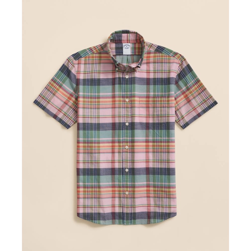 Washed Cotton Madras Polo Button-Down Collar, Short-Sleeve Shirt