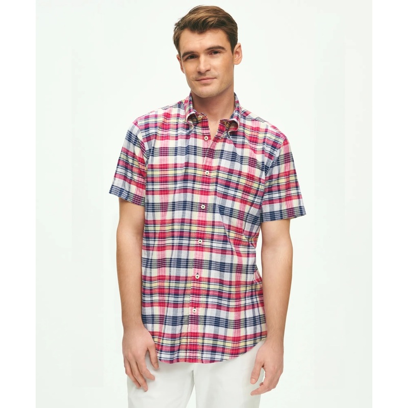 Washed Cotton Madras Short Sleeve Button-Down Collar Sport Shirt