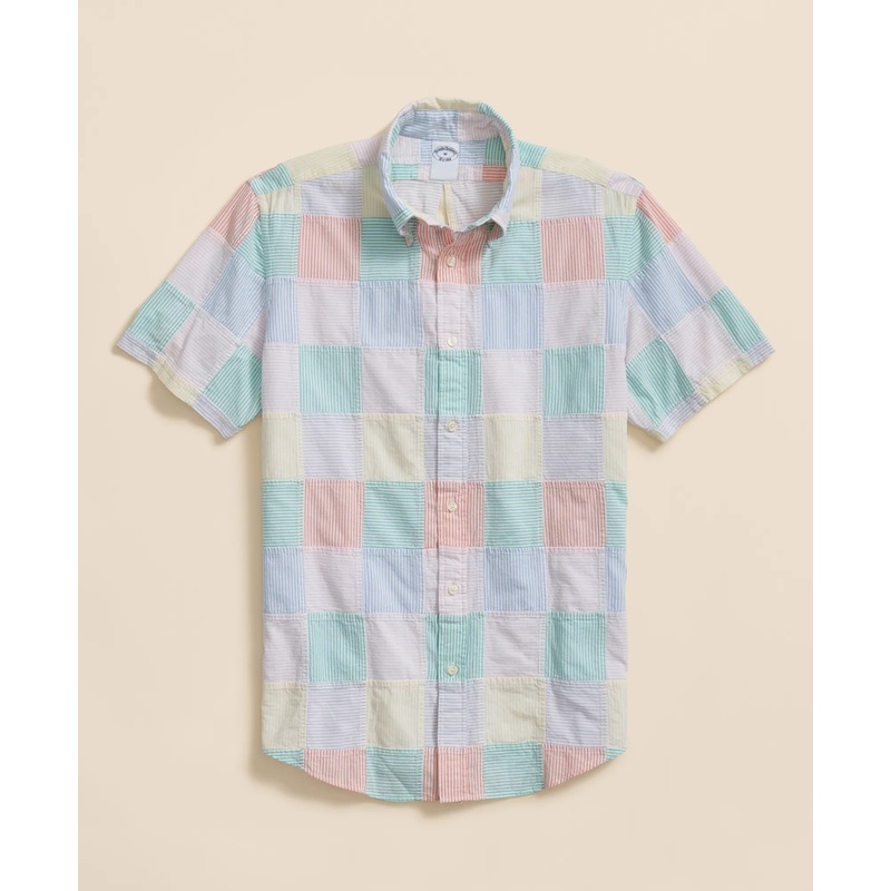 Washed Cotton Patchwork Madras Polo Button-Down Collar, Short-Sleeve Shirt