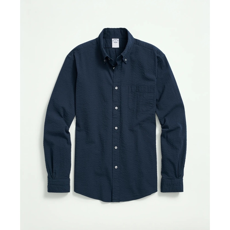Washed Cotton Seersucker Button-Down Collar Sport Shirt