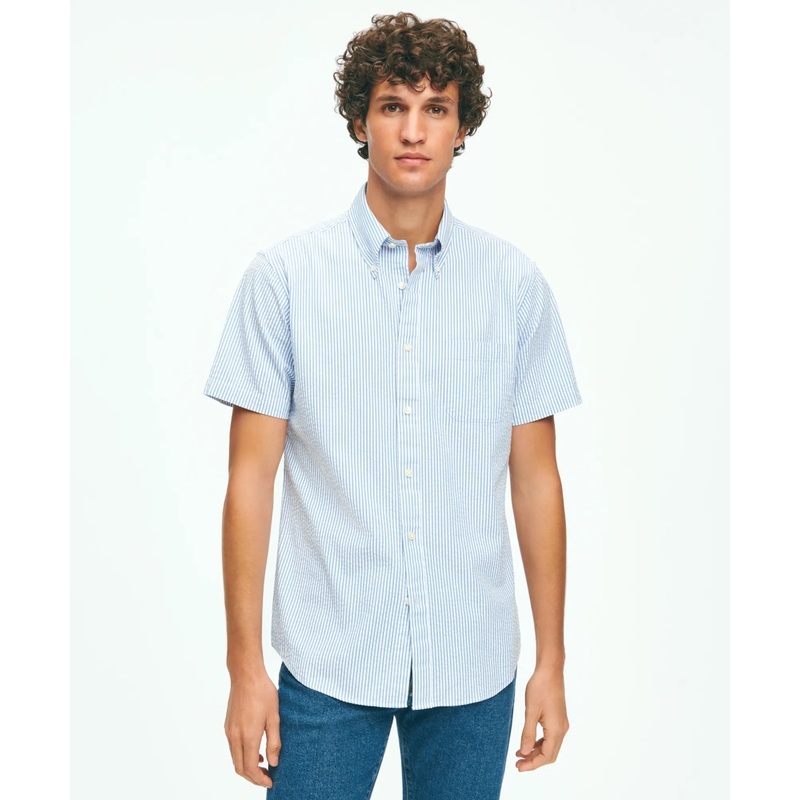 Washed Cotton Seersucker Button-Down Collar, Stripe Short-Sleeve Sport Shirt