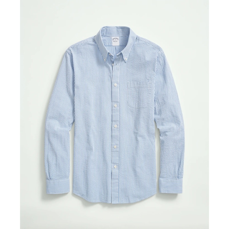 Washed Cotton Seersucker Button-Down Collar, Stripe Sport Shirt