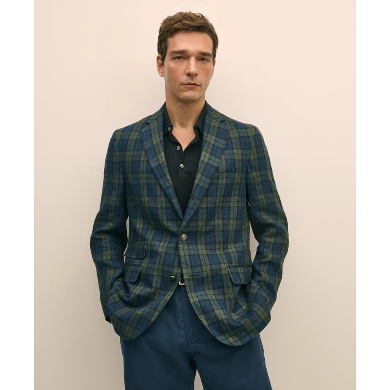 Classic Fit Linen Blazer in Black Watch Tartan