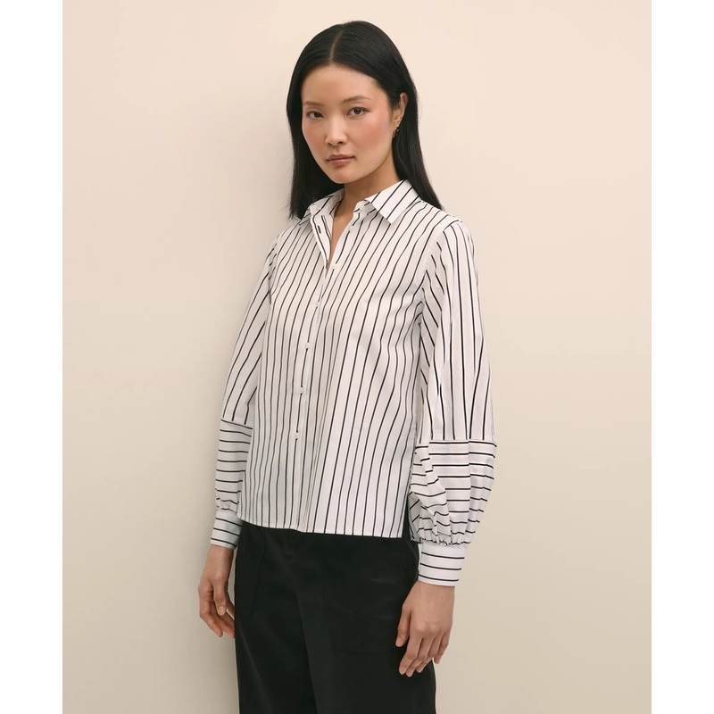 Cotton Poplin Contrast-Stripe Blouson Sleeve Shirt