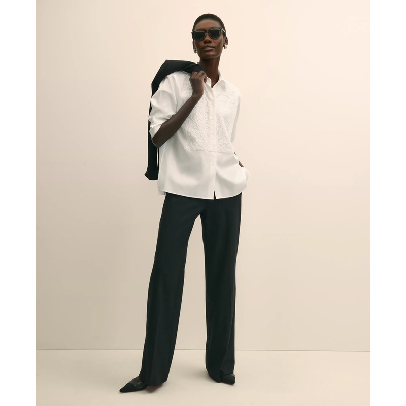 Cotton Sateen Relaxed Lace-Bib Shirt