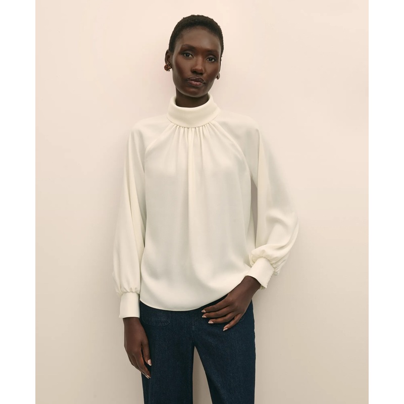 Crepe Band-Collar Relaxed Blouse