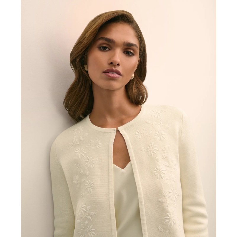 Merino-Wool-Cotton Blend Floral Embellished Cardigan