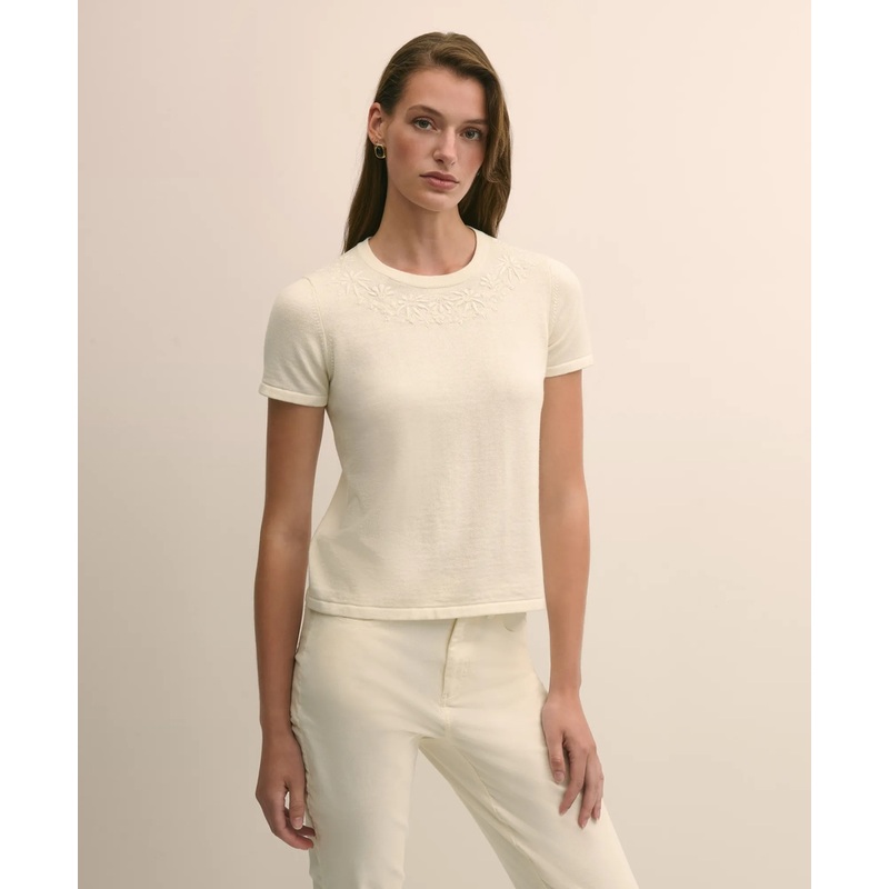 Merino-Wool-Cotton Blend Floral Embellished Short-Sleeve Sweater Shell