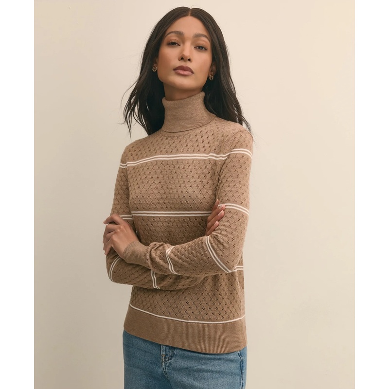 Merino Wool Striped Pointelle Turtleneck